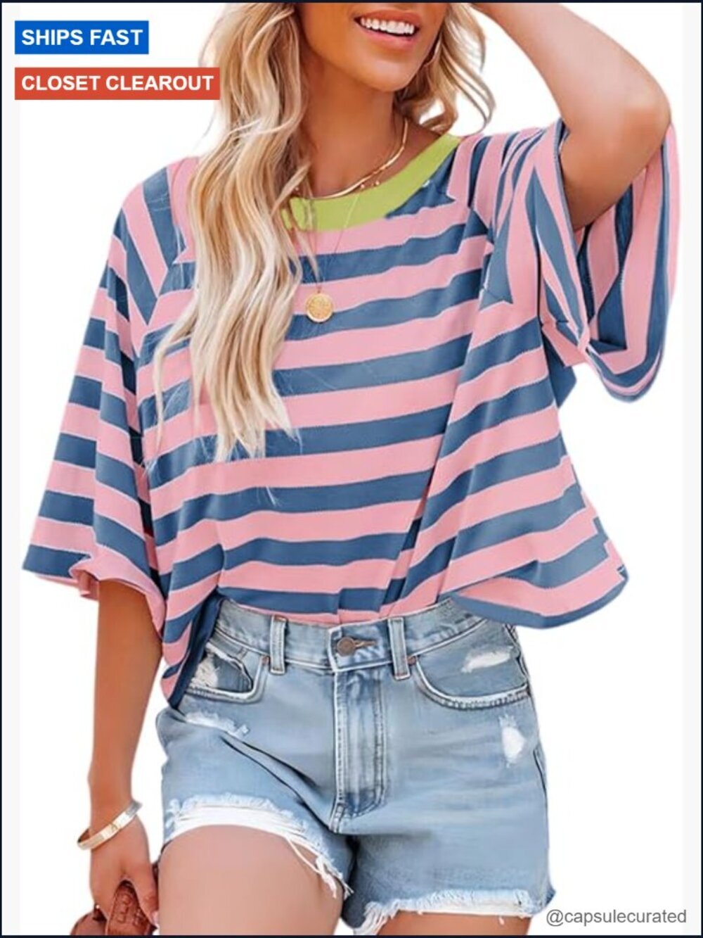 Striped Color Block Short Sleeve Crewneck Loose Basic Tee